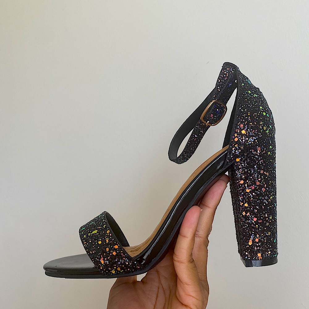 Bamboo Frenzy Iridescent Black Glitter Block Heels
